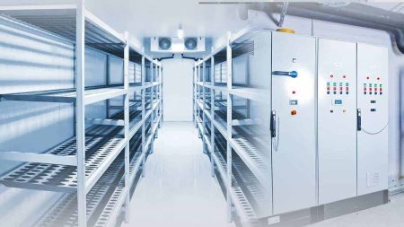 Refrigerated food storage room with shelving