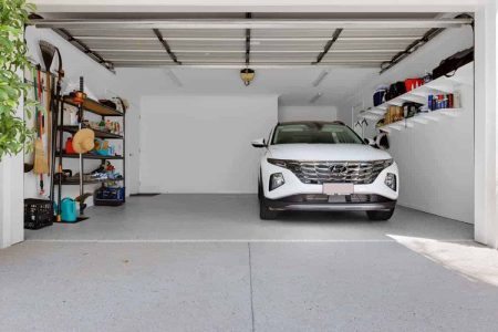 White SUV parked on Laguna Waters epoxy flake garage flooring