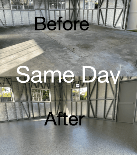 Before and after of old and new concrete slabs blended with full flake epoxy flooring in a day