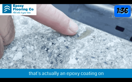 Chipped epoxy flake flooring shown up close