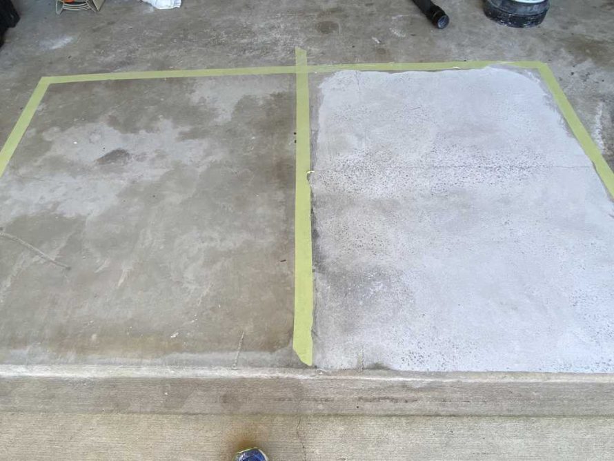 Acid washed and ground concrete test patches compared before epoxy