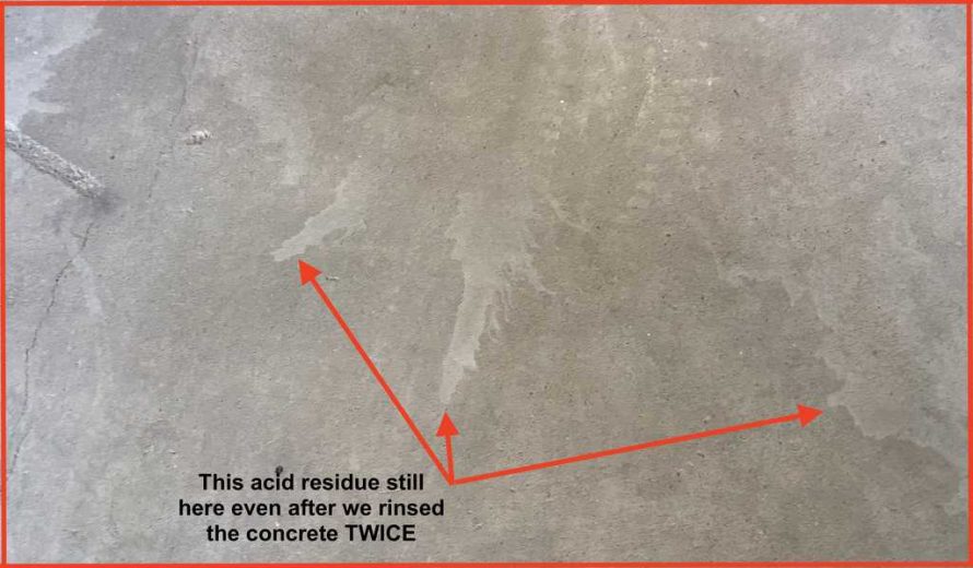 Acid residue left on concrete after rinsing twice, a cause of epoxy peeling
