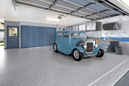 Blue hot rod in a garage with Coolum Sands epoxy flake flooring