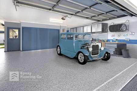 Blue hot rod on Coolum Sands epoxy flake garage flooring