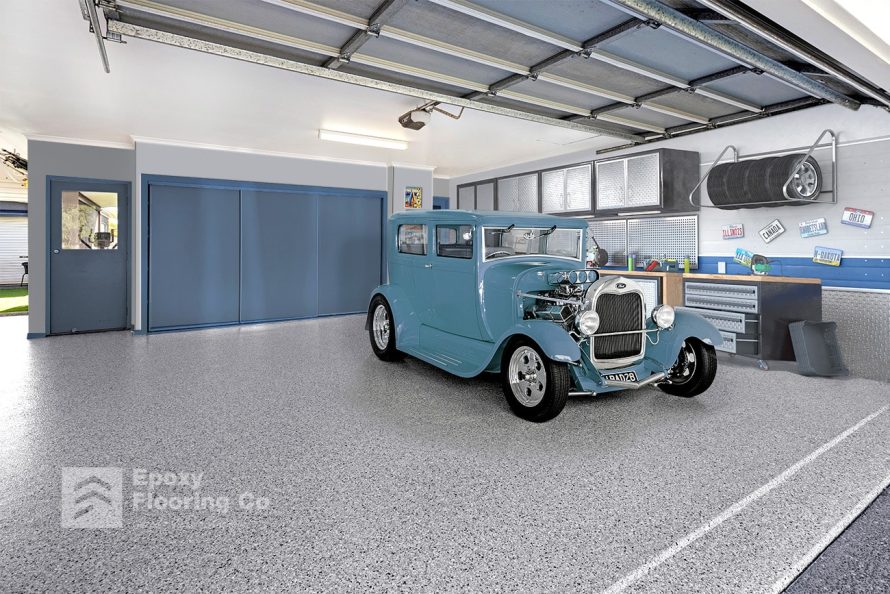 Blue hot rod on Coolum Sands epoxy flake garage flooring