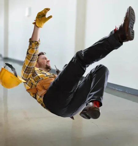 Worker slipping on a shiny floor, showing why non slip epoxy matters