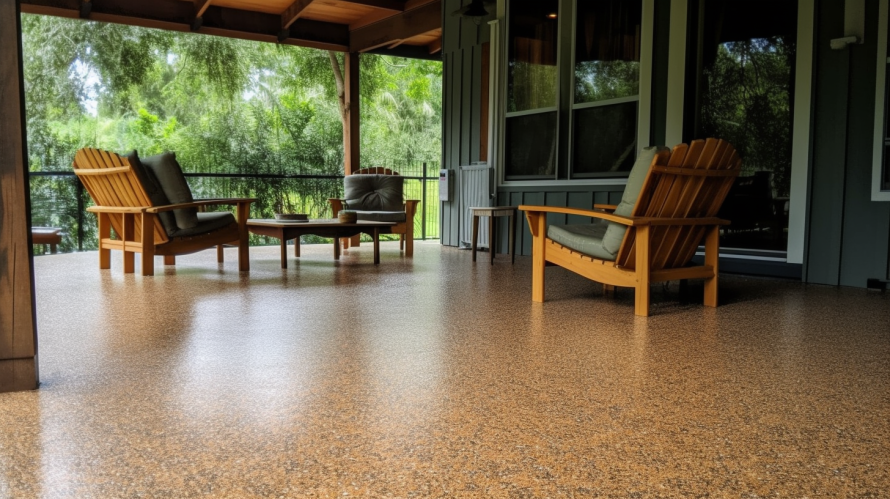 Timber deck chairs on a tan epoxy flake patio floor