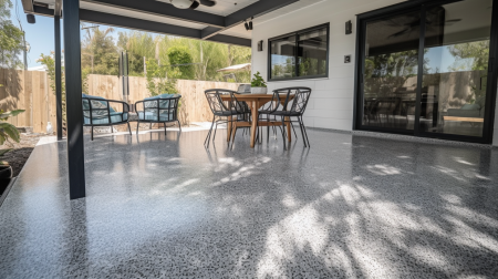 Patio with Salt and Pepper epoxy flake flooring and outdoor dining setting