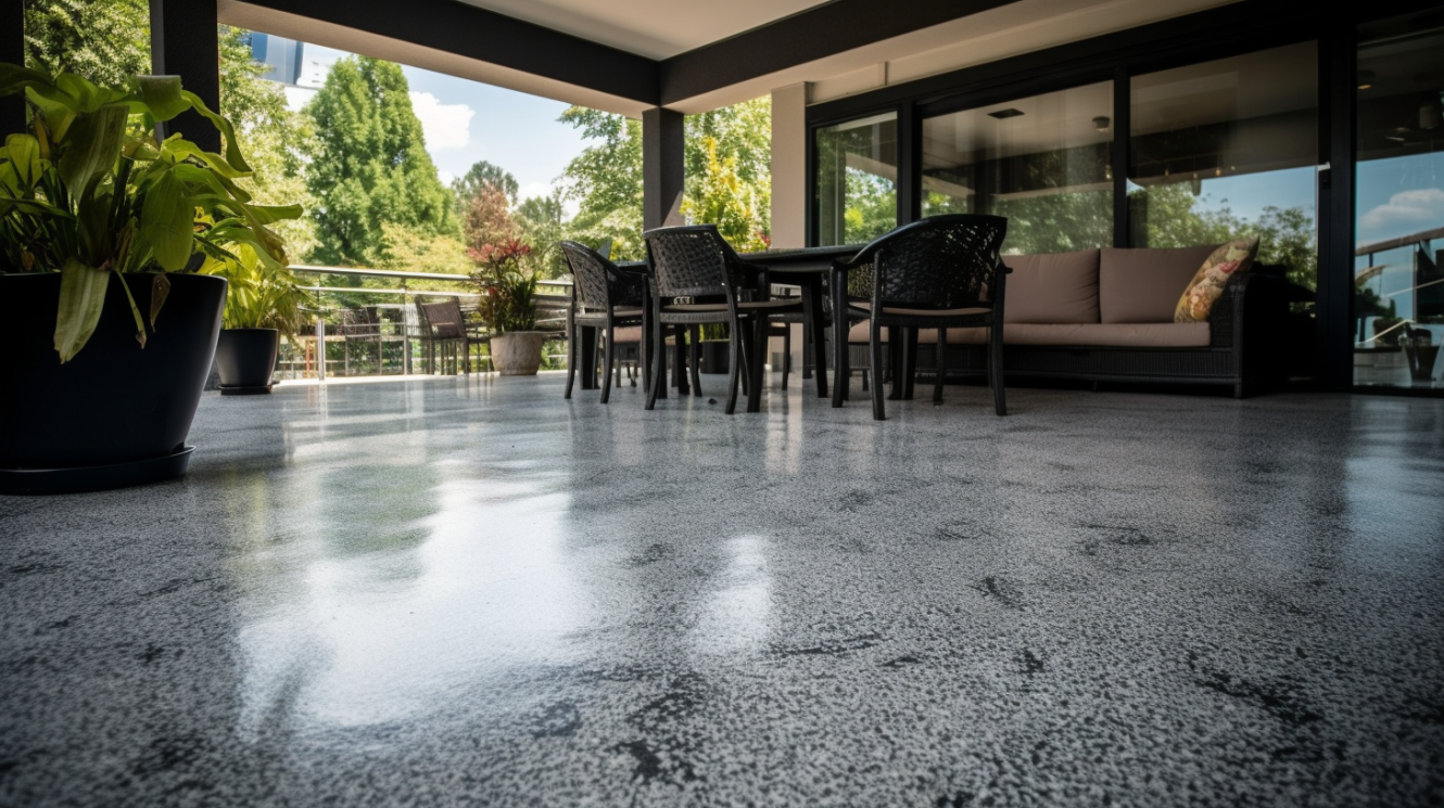 Covered patio with light grey and black epoxy flake flooring