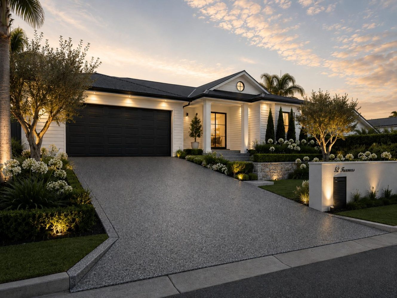 Charcoal epoxy flake driveway leading to a white weatherboard home at dusk